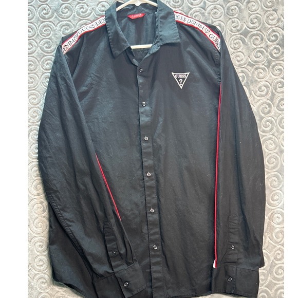 Guess Other - Guess Denimz Black Button Down Shirt Long Sleeve Red Stripe‎ Logo